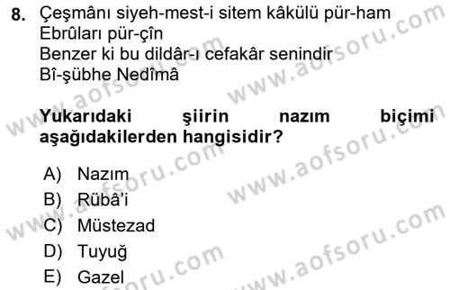 Eski Türk Edebiyatına Giriş: Biçim ve Ölçü Dersi 2021 - 2022 Yılı (Final) Dönem Sonu Sınav Soruları 8. Soru