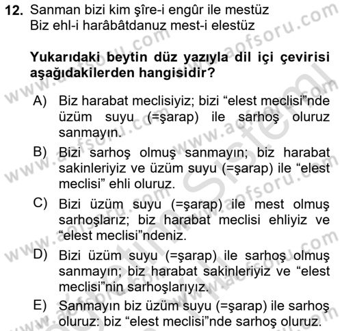Eski Türk Edebiyatına Giriş: Biçim ve Ölçü Dersi 2021 - 2022 Yılı Yaz Okulu Sınav Soruları 12. Soru