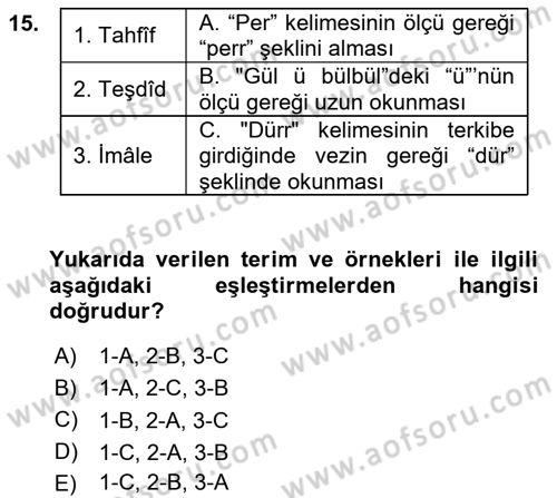 Eski Türk Edebiyatına Giriş: Biçim ve Ölçü Dersi 2021 - 2022 Yılı Yaz Okulu Sınav Soruları 15. Soru