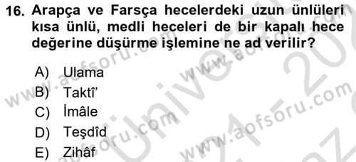 Eski Türk Edebiyatına Giriş: Biçim ve Ölçü Dersi 2021 - 2022 Yılı Yaz Okulu Sınav Soruları 16. Soru
