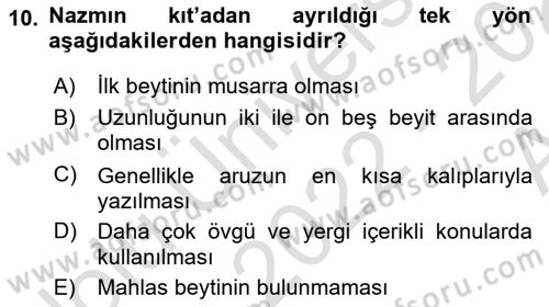 Eski Türk Edebiyatına Giriş: Biçim ve Ölçü Dersi 2022 - 2023 Yılı (Vize) Ara Sınav Soruları 10. Soru