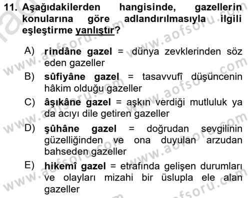Eski Türk Edebiyatına Giriş: Biçim ve Ölçü Dersi 2022 - 2023 Yılı (Vize) Ara Sınav Soruları 11. Soru