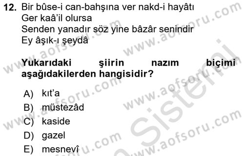 Eski Türk Edebiyatına Giriş: Biçim ve Ölçü Dersi 2022 - 2023 Yılı (Vize) Ara Sınav Soruları 12. Soru