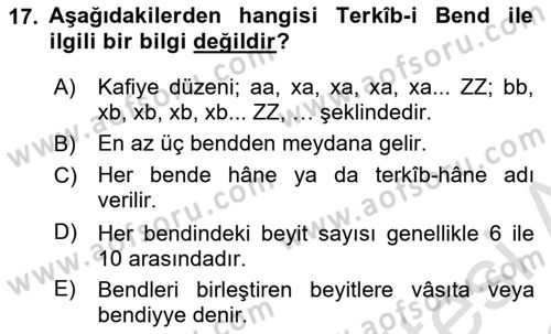 Eski Türk Edebiyatına Giriş: Biçim ve Ölçü Dersi Ara Sınavı Deneme Sınav Soruları 17. Soru