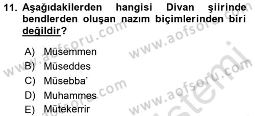 Eski Türk Edebiyatına Giriş: Biçim ve Ölçü Dersi 2022 - 2023 Yılı (Final) Dönem Sonu Sınav Soruları 11. Soru