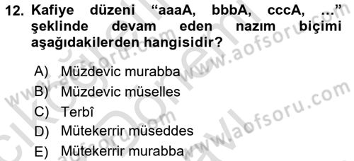 Eski Türk Edebiyatına Giriş: Biçim ve Ölçü Dersi 2022 - 2023 Yılı (Final) Dönem Sonu Sınav Soruları 12. Soru