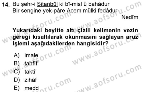 Eski Türk Edebiyatına Giriş: Biçim ve Ölçü Dersi 2022 - 2023 Yılı (Final) Dönem Sonu Sınav Soruları 14. Soru