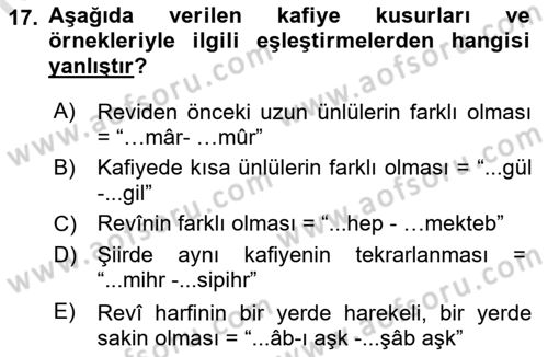 Eski Türk Edebiyatına Giriş: Biçim ve Ölçü Dersi 2022 - 2023 Yılı (Final) Dönem Sonu Sınav Soruları 17. Soru