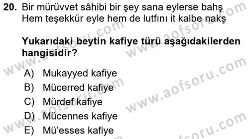 Eski Türk Edebiyatına Giriş: Biçim ve Ölçü Dersi 2022 - 2023 Yılı (Final) Dönem Sonu Sınav Soruları 20. Soru