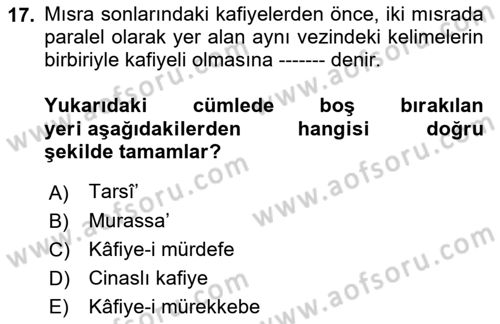 Eski Türk Edebiyatına Giriş: Biçim ve Ölçü Dersi 2022 - 2023 Yılı Yaz Okulu Sınav Soruları 17. Soru