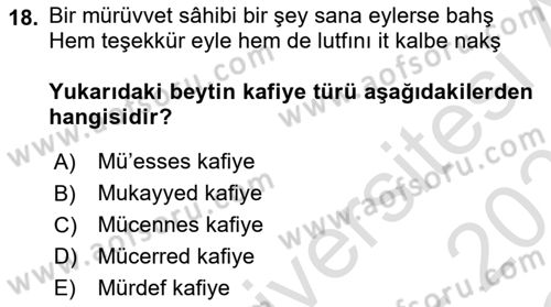 Eski Türk Edebiyatına Giriş: Biçim ve Ölçü Dersi 2022 - 2023 Yılı Yaz Okulu Sınav Soruları 18. Soru