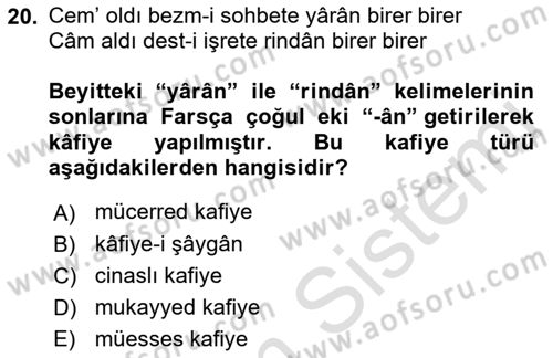 Eski Türk Edebiyatına Giriş: Biçim ve Ölçü Dersi 2022 - 2023 Yılı Yaz Okulu Sınav Soruları 20. Soru