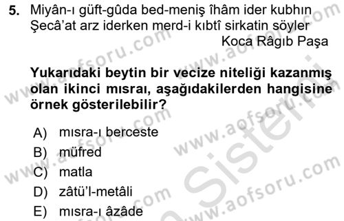 Eski Türk Edebiyatına Giriş: Biçim ve Ölçü Dersi 2022 - 2023 Yılı Yaz Okulu Sınav Soruları 5. Soru