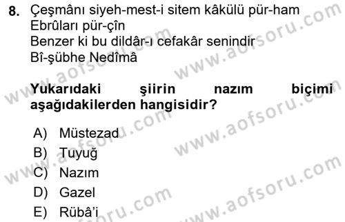 Eski Türk Edebiyatına Giriş: Biçim ve Ölçü Dersi 2022 - 2023 Yılı Yaz Okulu Sınav Soruları 8. Soru