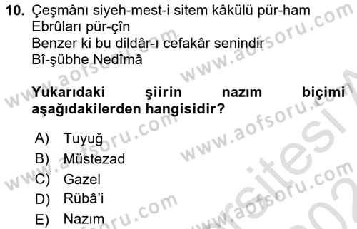 Eski Türk Edebiyatına Giriş: Biçim ve Ölçü Dersi 2023 - 2024 Yılı (Vize) Ara Sınav Soruları 10. Soru