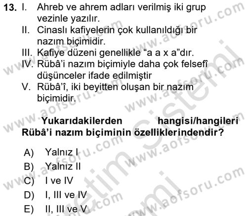 Eski Türk Edebiyatına Giriş: Biçim ve Ölçü Dersi 2023 - 2024 Yılı (Vize) Ara Sınav Soruları 13. Soru
