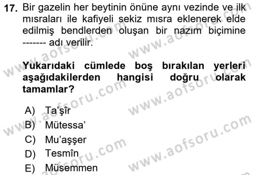 Eski Türk Edebiyatına Giriş: Biçim ve Ölçü Dersi Ara Sınavı Deneme Sınav Soruları 17. Soru
