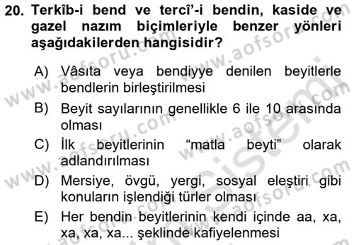 Eski Türk Edebiyatına Giriş: Biçim ve Ölçü Dersi 2023 - 2024 Yılı (Vize) Ara Sınav Soruları 20. Soru