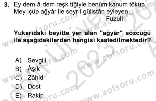 Eski Türk Edebiyatına Giriş: Biçim ve Ölçü Dersi 2023 - 2024 Yılı (Vize) Ara Sınav Soruları 3. Soru