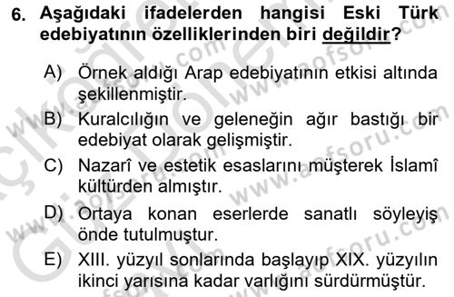 Eski Türk Edebiyatına Giriş: Biçim ve Ölçü Dersi 2023 - 2024 Yılı (Vize) Ara Sınav Soruları 6. Soru