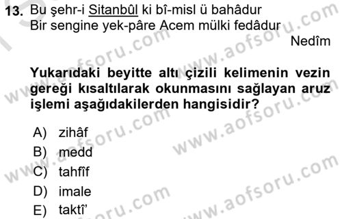 Eski Türk Edebiyatına Giriş: Biçim ve Ölçü Dersi 2023 - 2024 Yılı (Final) Dönem Sonu Sınav Soruları 13. Soru