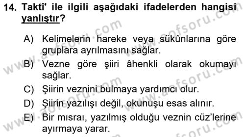 Eski Türk Edebiyatına Giriş: Biçim ve Ölçü Dersi 2023 - 2024 Yılı (Final) Dönem Sonu Sınav Soruları 14. Soru