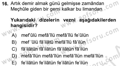 Eski Türk Edebiyatına Giriş: Biçim ve Ölçü Dersi 2023 - 2024 Yılı (Final) Dönem Sonu Sınav Soruları 16. Soru