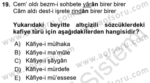 Eski Türk Edebiyatına Giriş: Biçim ve Ölçü Dersi 2023 - 2024 Yılı (Final) Dönem Sonu Sınav Soruları 19. Soru