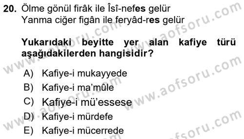 Eski Türk Edebiyatına Giriş: Biçim ve Ölçü Dersi 2023 - 2024 Yılı (Final) Dönem Sonu Sınav Soruları 20. Soru