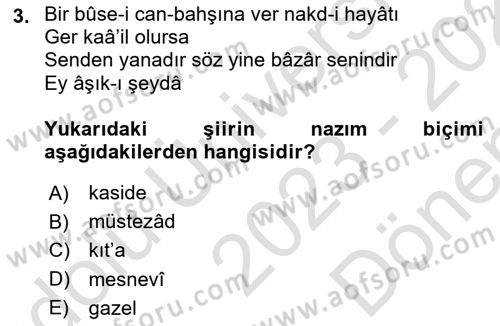 Eski Türk Edebiyatına Giriş: Biçim ve Ölçü Dersi 2023 - 2024 Yılı (Final) Dönem Sonu Sınav Soruları 3. Soru