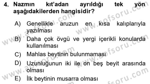 Eski Türk Edebiyatına Giriş: Biçim ve Ölçü Dersi 2023 - 2024 Yılı (Final) Dönem Sonu Sınav Soruları 4. Soru