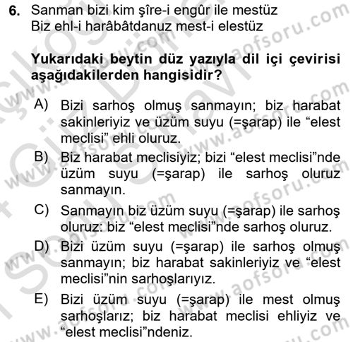 Eski Türk Edebiyatına Giriş: Biçim ve Ölçü Dersi 2023 - 2024 Yılı (Final) Dönem Sonu Sınav Soruları 6. Soru