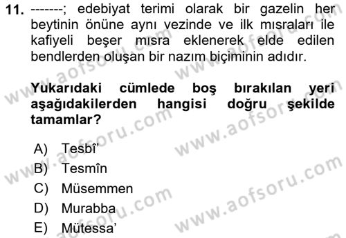 Eski Türk Edebiyatına Giriş: Biçim ve Ölçü Dersi 2023 - 2024 Yılı Yaz Okulu Sınav Soruları 11. Soru