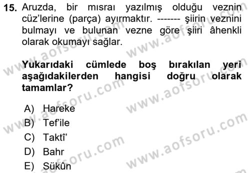 Eski Türk Edebiyatına Giriş: Biçim ve Ölçü Dersi 2023 - 2024 Yılı Yaz Okulu Sınav Soruları 15. Soru