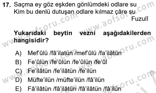 Eski Türk Edebiyatına Giriş: Biçim ve Ölçü Dersi 2023 - 2024 Yılı Yaz Okulu Sınav Soruları 17. Soru
