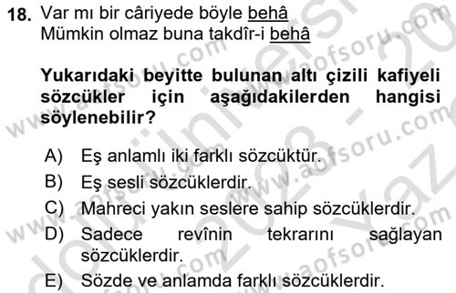 Eski Türk Edebiyatına Giriş: Biçim ve Ölçü Dersi 2023 - 2024 Yılı Yaz Okulu Sınav Soruları 18. Soru