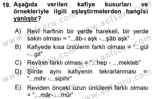 Eski Türk Edebiyatına Giriş: Biçim ve Ölçü Dersi 2023 - 2024 Yılı Yaz Okulu Sınav Soruları 19. Soru
