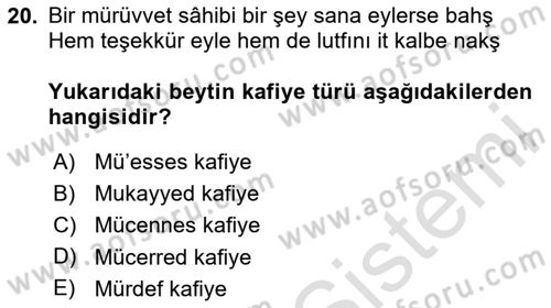 Eski Türk Edebiyatına Giriş: Biçim ve Ölçü Dersi 2023 - 2024 Yılı Yaz Okulu Sınav Soruları 20. Soru