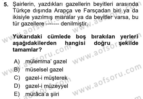 Eski Türk Edebiyatına Giriş: Biçim ve Ölçü Dersi 2023 - 2024 Yılı Yaz Okulu Sınav Soruları 5. Soru