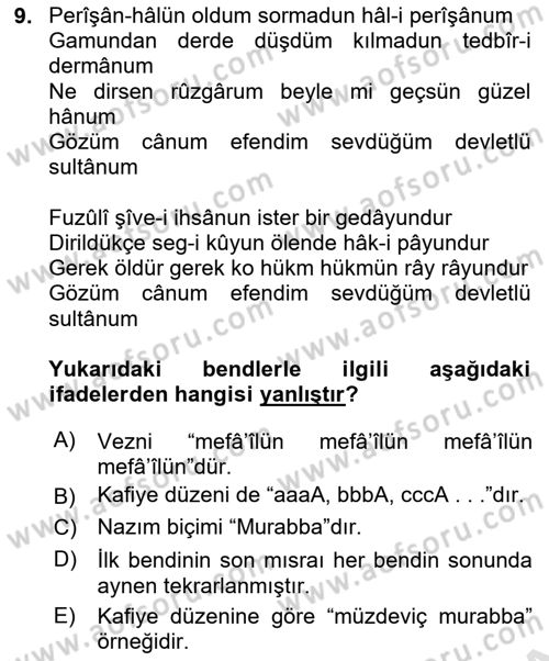 Eski Türk Edebiyatına Giriş: Biçim ve Ölçü Dersi 2023 - 2024 Yılı Yaz Okulu Sınav Soruları 9. Soru