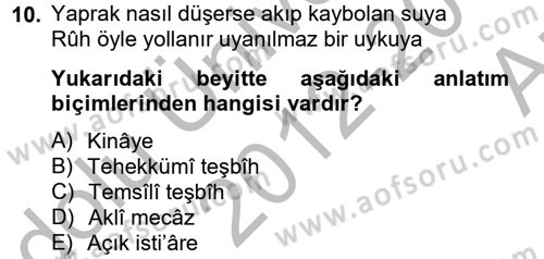 Eski Türk Edebiyatına Giriş: Söz Sanatları Dersi 2012 - 2013 Yılı (Vize) Ara Sınav Soruları 10. Soru