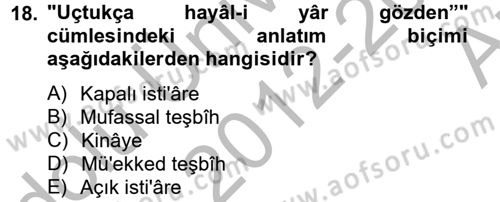 Eski Türk Edebiyatına Giriş: Söz Sanatları Dersi 2012 - 2013 Yılı (Vize) Ara Sınav Soruları 18. Soru