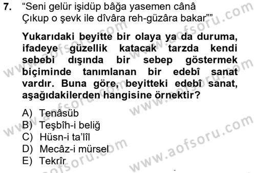 Eski Türk Edebiyatına Giriş: Söz Sanatları Dersi 2012 - 2013 Yılı (Vize) Ara Sınav Soruları 7. Soru