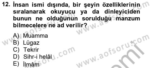 Eski Türk Edebiyatına Giriş: Söz Sanatları Dersi 2012 - 2013 Yılı (Final) Dönem Sonu Sınav Soruları 12. Soru