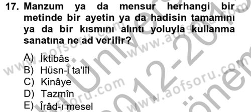 Eski Türk Edebiyatına Giriş: Söz Sanatları Dersi 2012 - 2013 Yılı (Final) Dönem Sonu Sınav Soruları 17. Soru