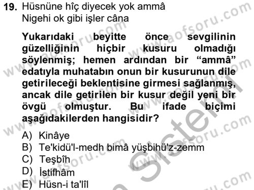 Eski Türk Edebiyatına Giriş: Söz Sanatları Dersi 2012 - 2013 Yılı (Final) Dönem Sonu Sınav Soruları 19. Soru