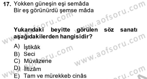 Eski Türk Edebiyatına Giriş: Söz Sanatları Dersi 2013 - 2014 Yılı (Vize) Ara Sınav Soruları 17. Soru