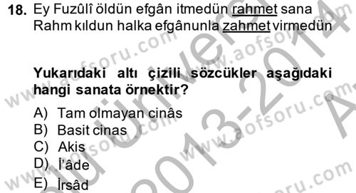 Eski Türk Edebiyatına Giriş: Söz Sanatları Dersi 2013 - 2014 Yılı (Vize) Ara Sınav Soruları 18. Soru