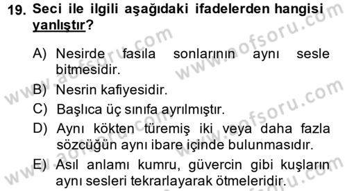 Eski Türk Edebiyatına Giriş: Söz Sanatları Dersi 2013 - 2014 Yılı (Vize) Ara Sınav Soruları 19. Soru