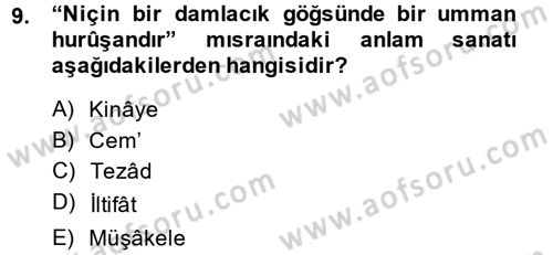 Eski Türk Edebiyatına Giriş: Söz Sanatları Dersi 2013 - 2014 Yılı (Vize) Ara Sınav Soruları 9. Soru